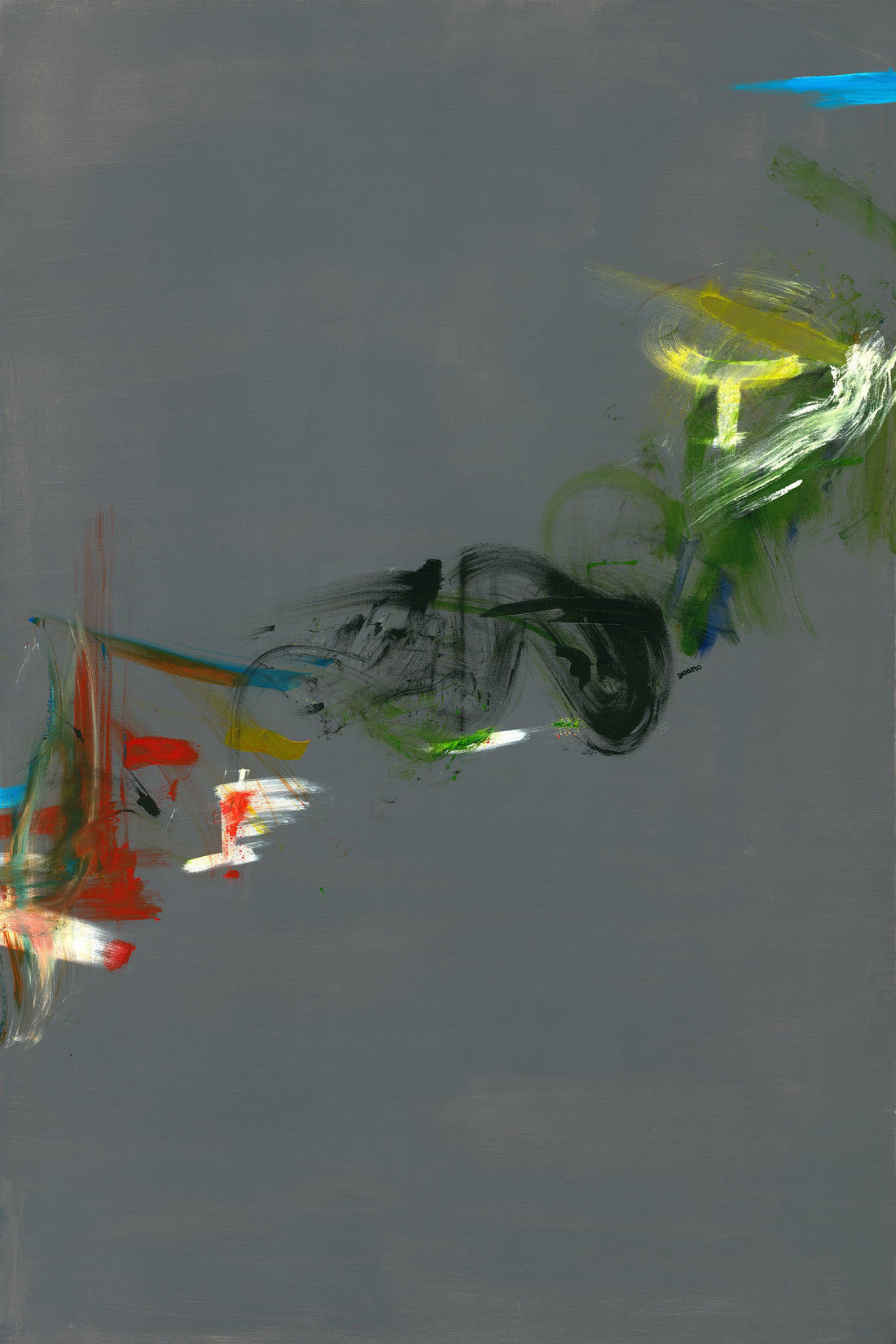 A detailed view of a limited-edition giclée print set against a neutral grey canvas, accentuated by a vibrant medley of blue, yellow, green, red, and black motifs. A visual representation of ascent and transformation.