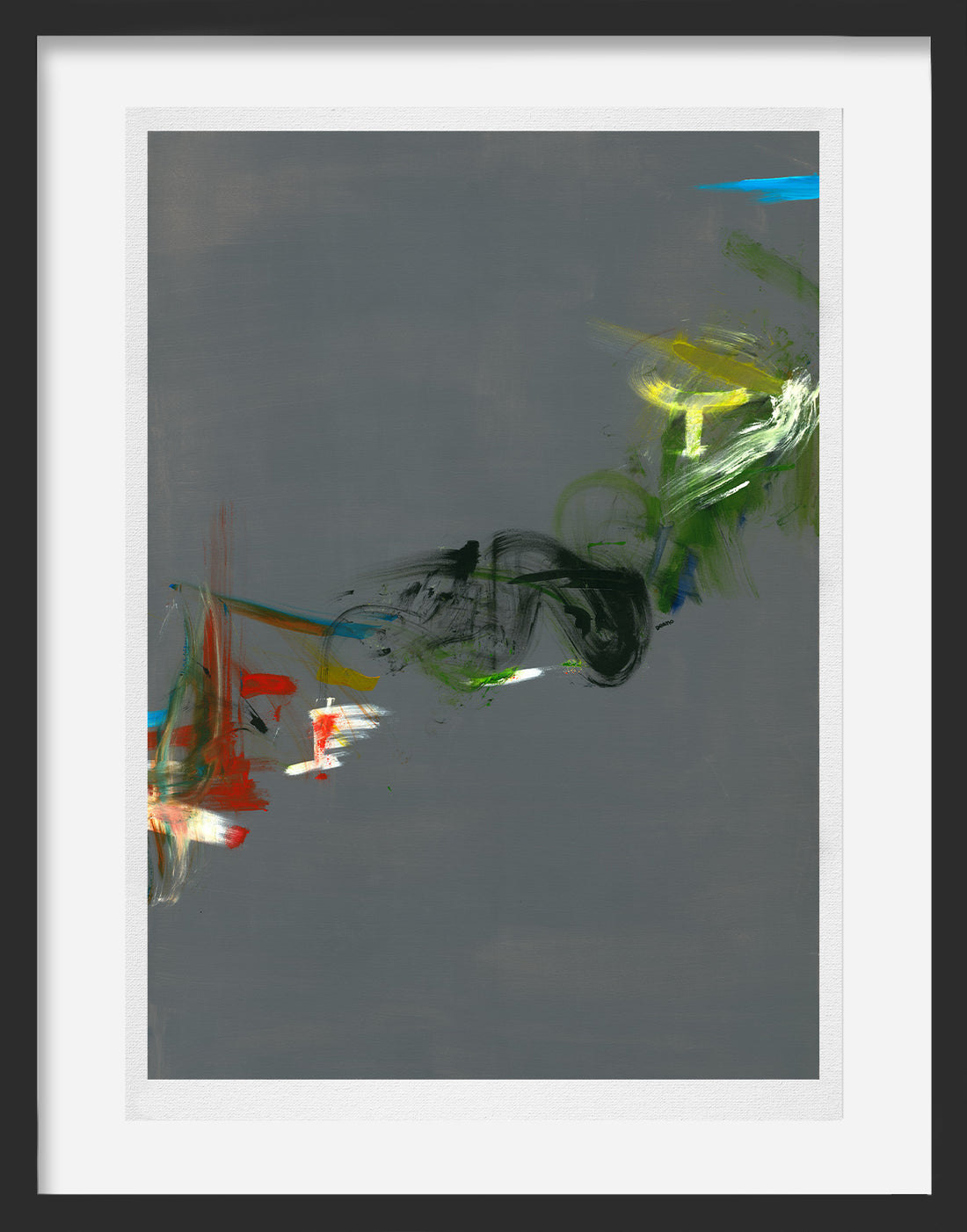 Limited-edition print with a neutral grey background, featuring a vibrant mix of blue, yellow, green, red, and black forms and shapes. Depicting the rise and fall of depression and euphoria.