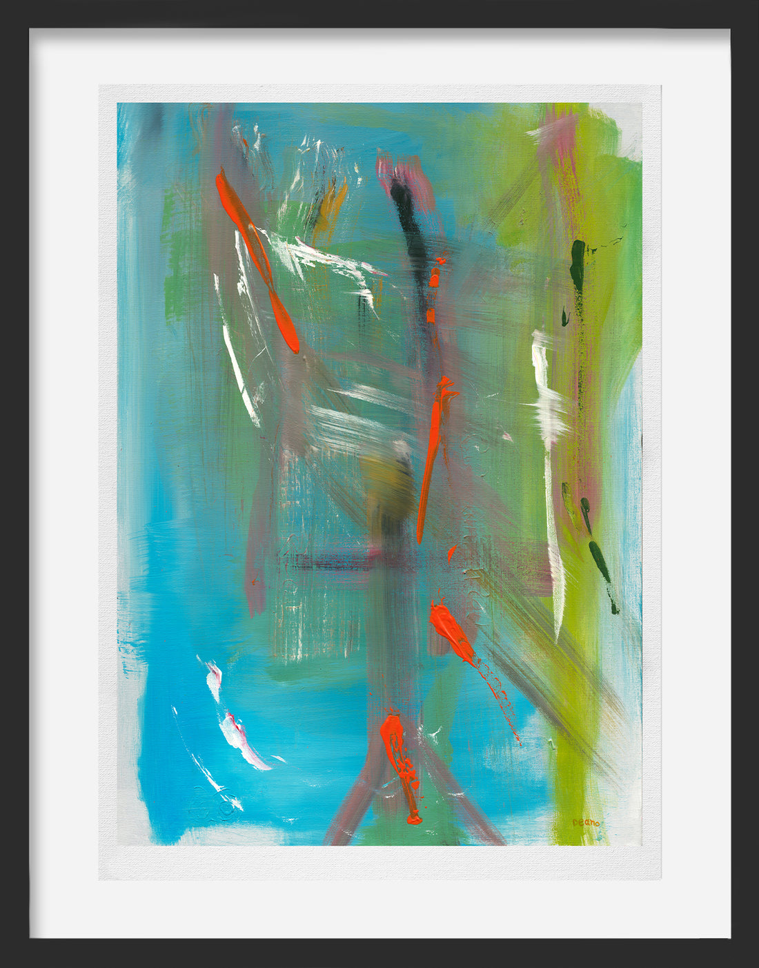 A bold, abstract print depicting a past built on chaos and deception. Using bold strokes of orange, green and black against a blue background.