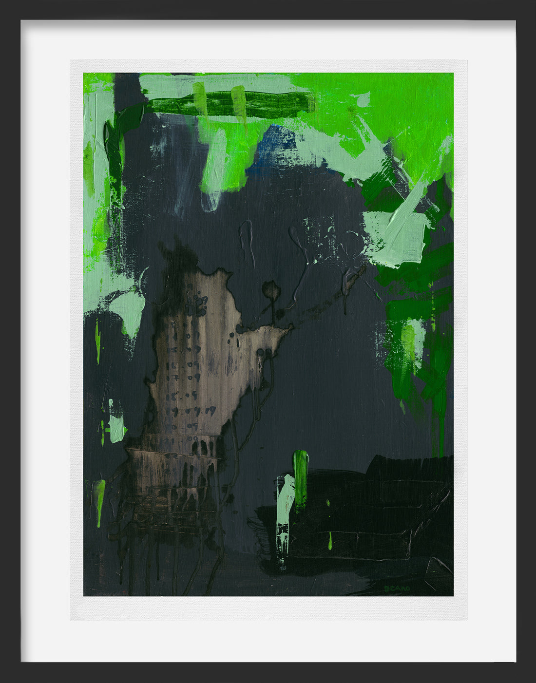 An abstract limited edition print featuring a fusion of greens and blacks, enriched by a subtle backdrop of mysterious date sequences.