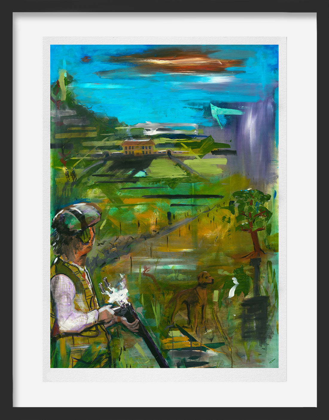 A limited edition print of a man hunting in the countryside, holding a gun and accompanied by a dog.