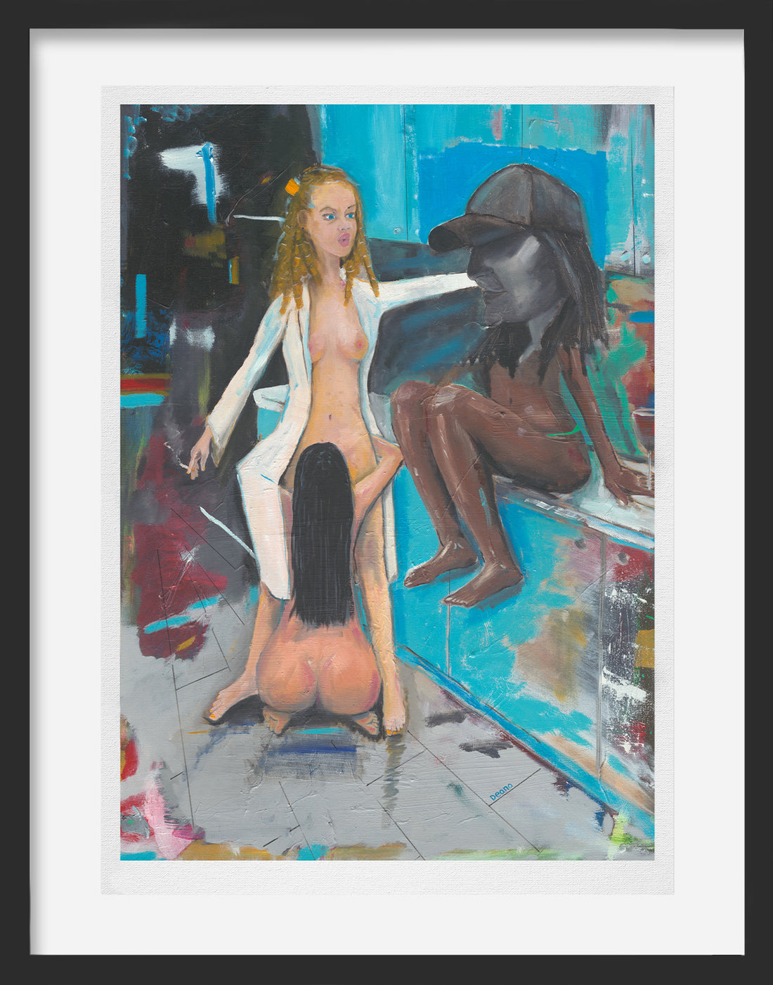 Limited edition artwork featuring three figures in a bathroom, skillfully illustrating the essence of human connection through their expressive and dynamic interactions.