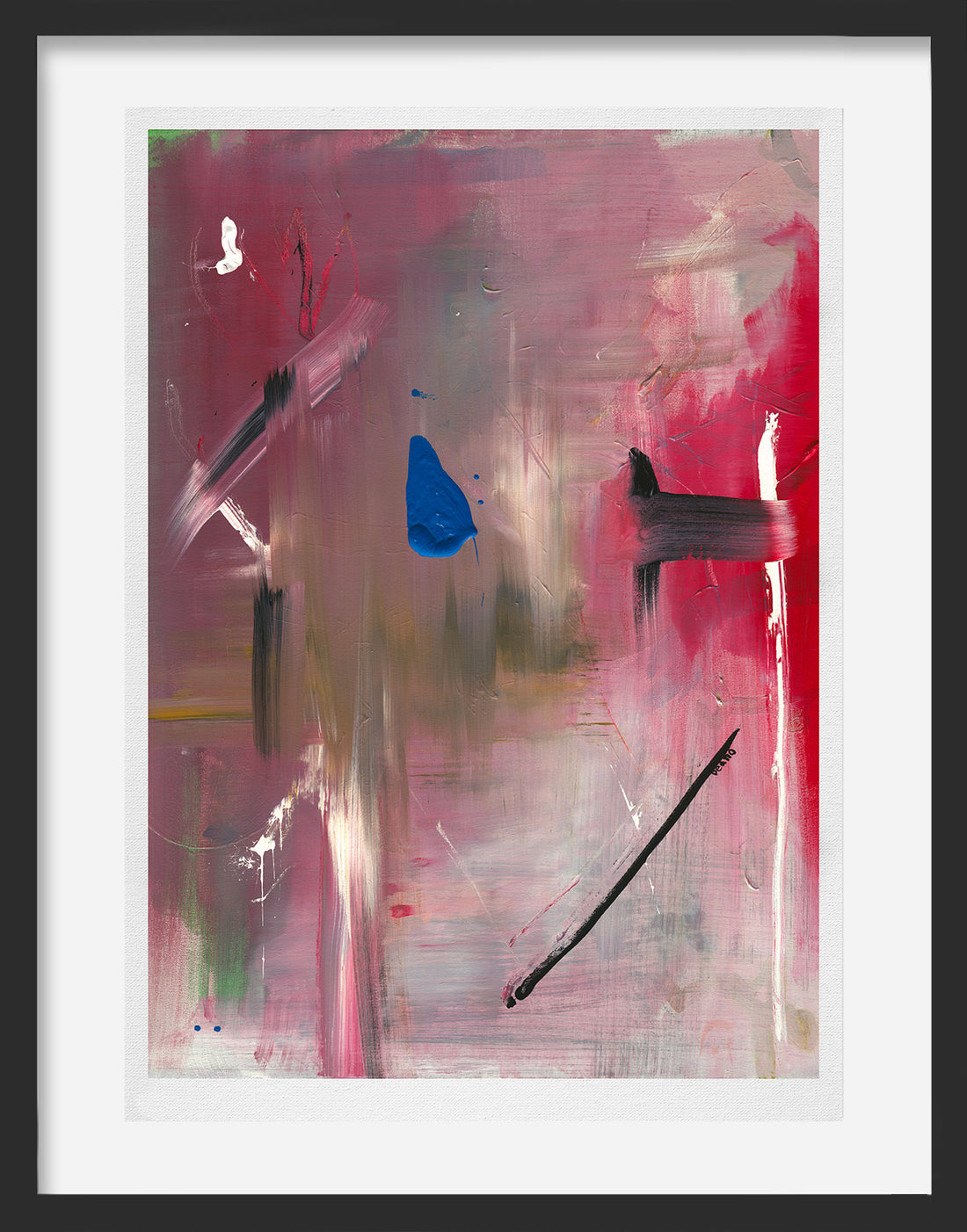 A limited-edition print featuring a dynamic composition of bold and vibrant colours. The brushstrokes are loose and energetic, creating a sense of movement and depth. The painting is dominated by bright hues of blue, green and red, with splashes of white and black adding contrast. The overall effect is one of energy and emotion, making it a striking addition to any room