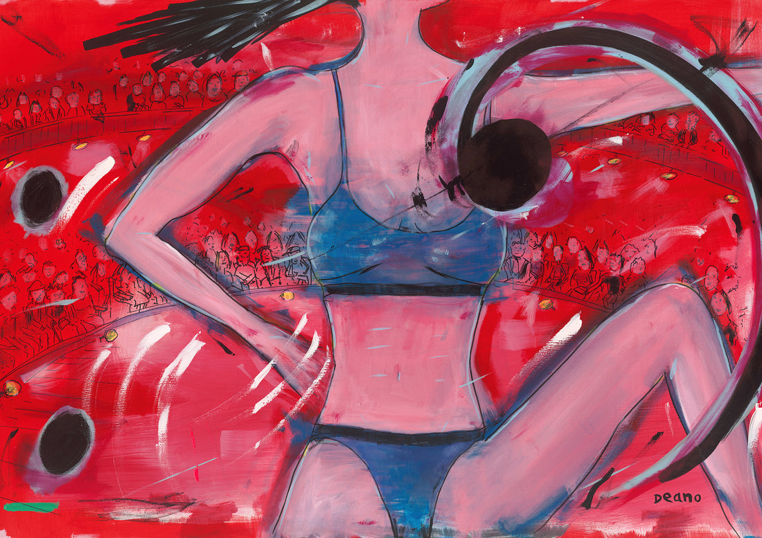 A close-up of a limited-edition artwork capturing a dancer in a blue and black two-piece, gracefully leaping on stage amid dazzling lights and an enthusiastic stadium audience, embodying the energy and elegance of live performance.