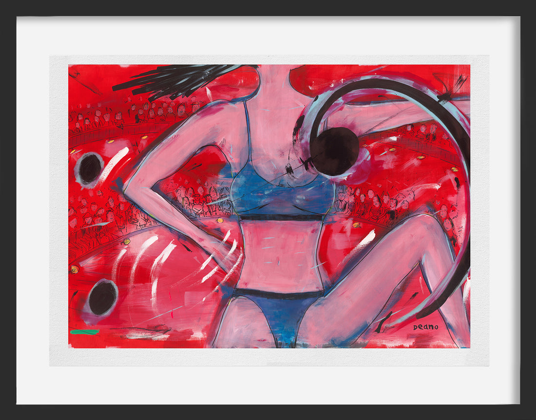 Limited-edition artwork capturing a dancer in a blue and black two-piece, gracefully leaping on stage amid dazzling lights and an enthusiastic stadium audience, embodying the energy and elegance of live performance.