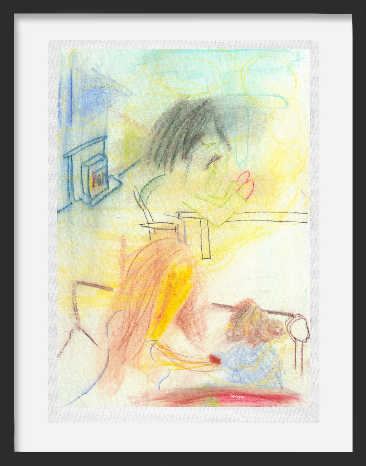 Limited-edition artwork depicting a poignant scene with a mother seated beside a young child, and the father in the background at a table. The mother&