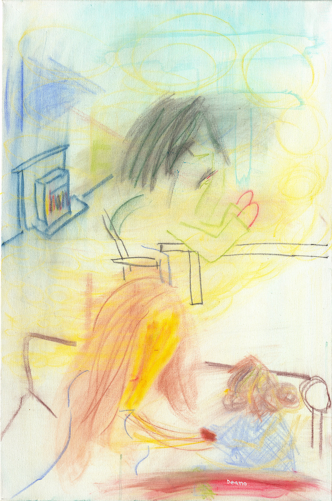 A pastel painting on canvas of a mother sitting with a small child, the father sits at a table in the background. The mother&