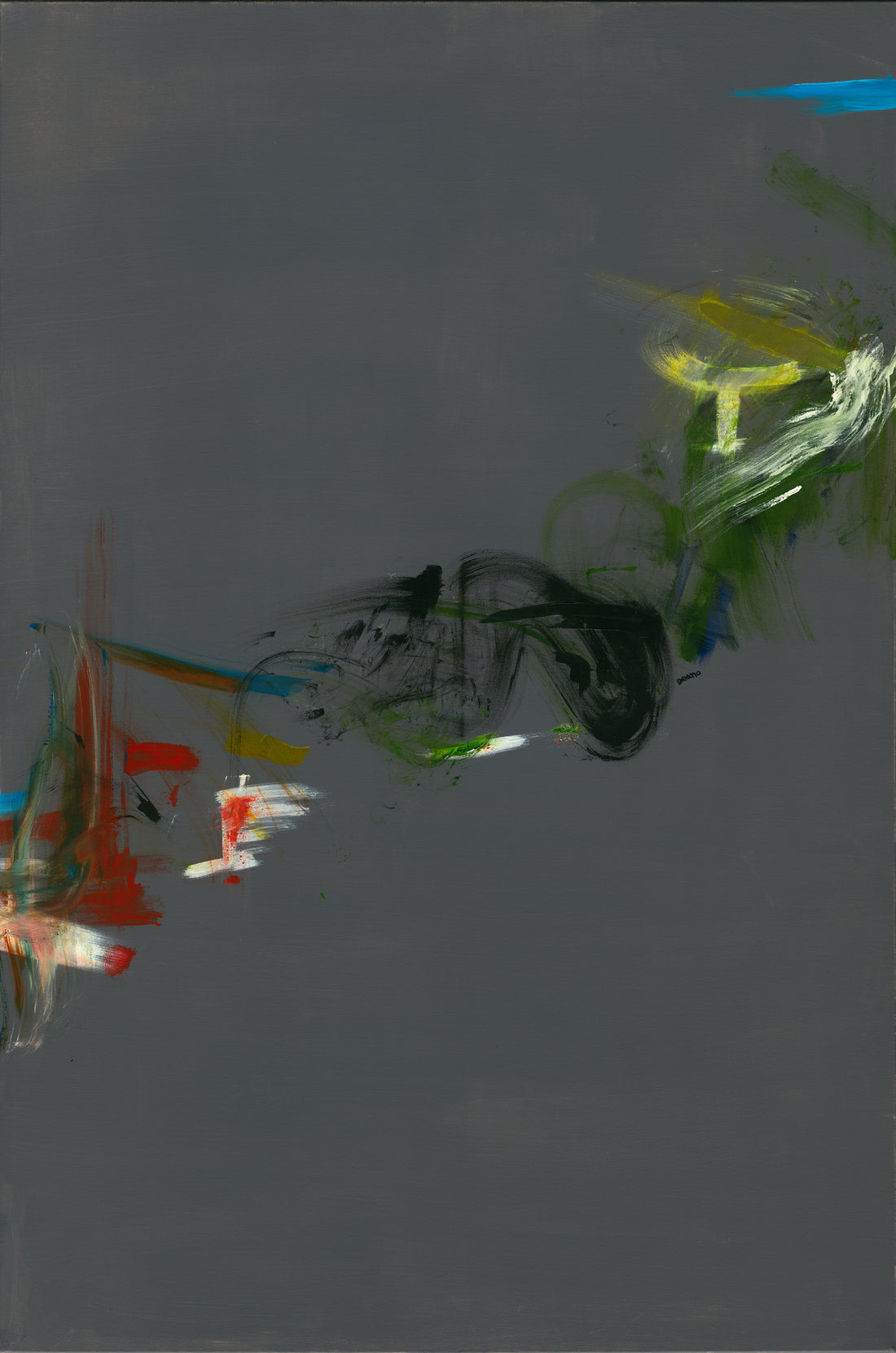 An arresting abstract painting set against a neutral grey backdrop, adorned with a vivid blend of blue, yellow, green, red, and black motifs. Enhance your collection with this compelling piece, reflecting bold artistic expression.