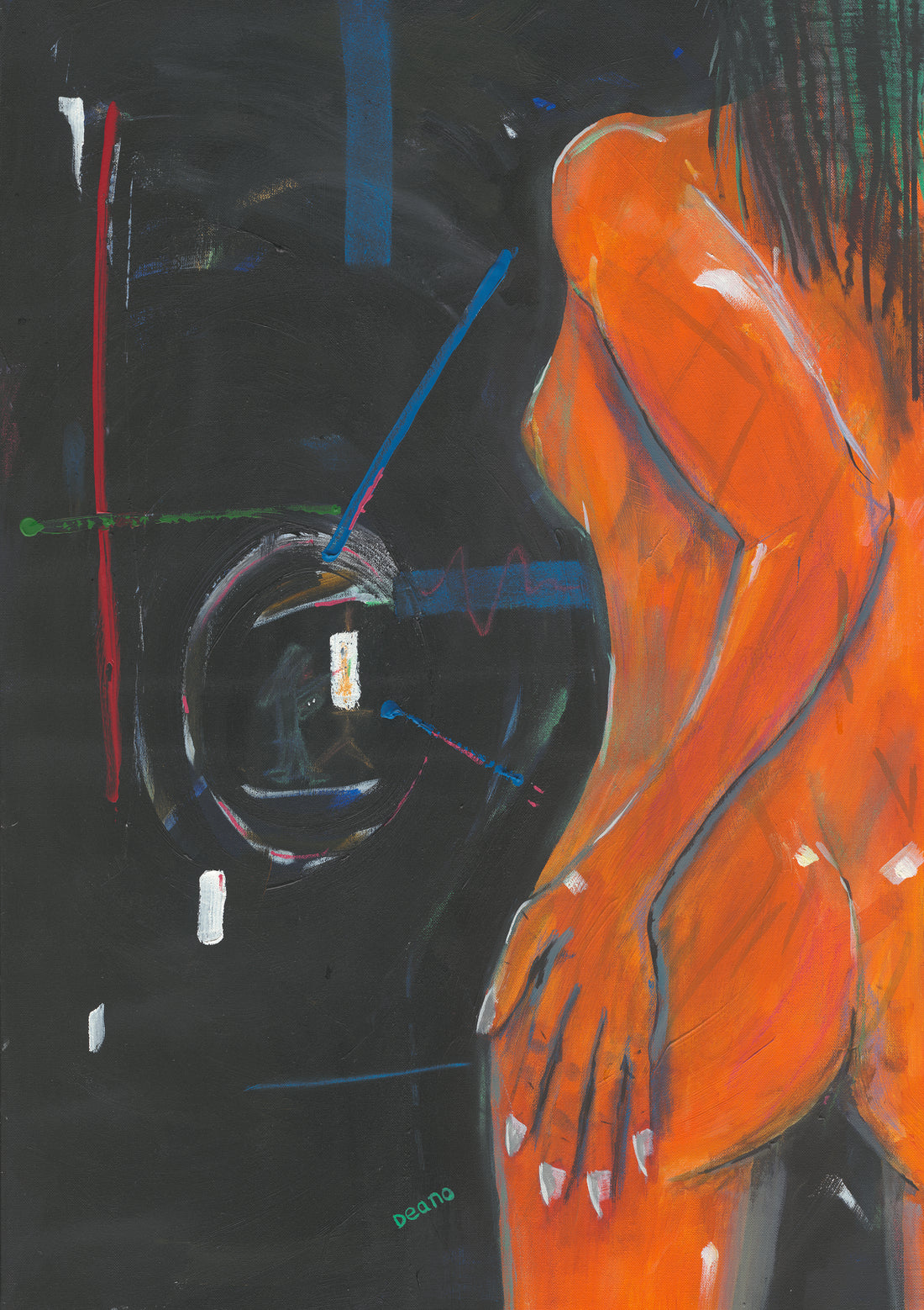 An exclusive limited-edition print presenting a woman in a luminous orange hue. Her stance, with her back towards the viewer, exudes elegance and poise. A showcase of detailed artistry and superior print quality.