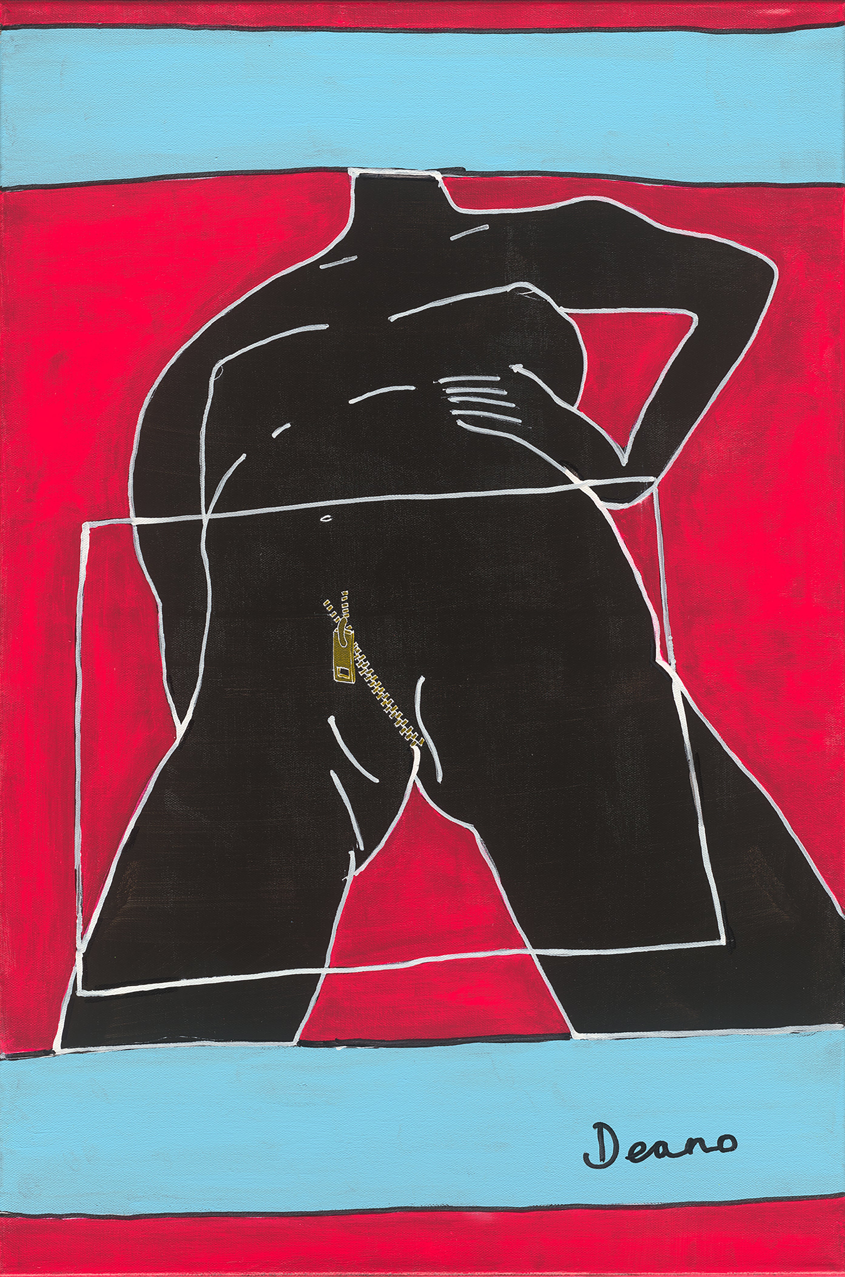 Original artwork titled ‘Diamond’ by Deano Hewitts. This captivating piece features an acrylic painting on canvas of a headless, monochromatic female figure, with a gold zip symbolising her genitals. The figure is placed against a vibrant pink backdrop. Created in 2022.