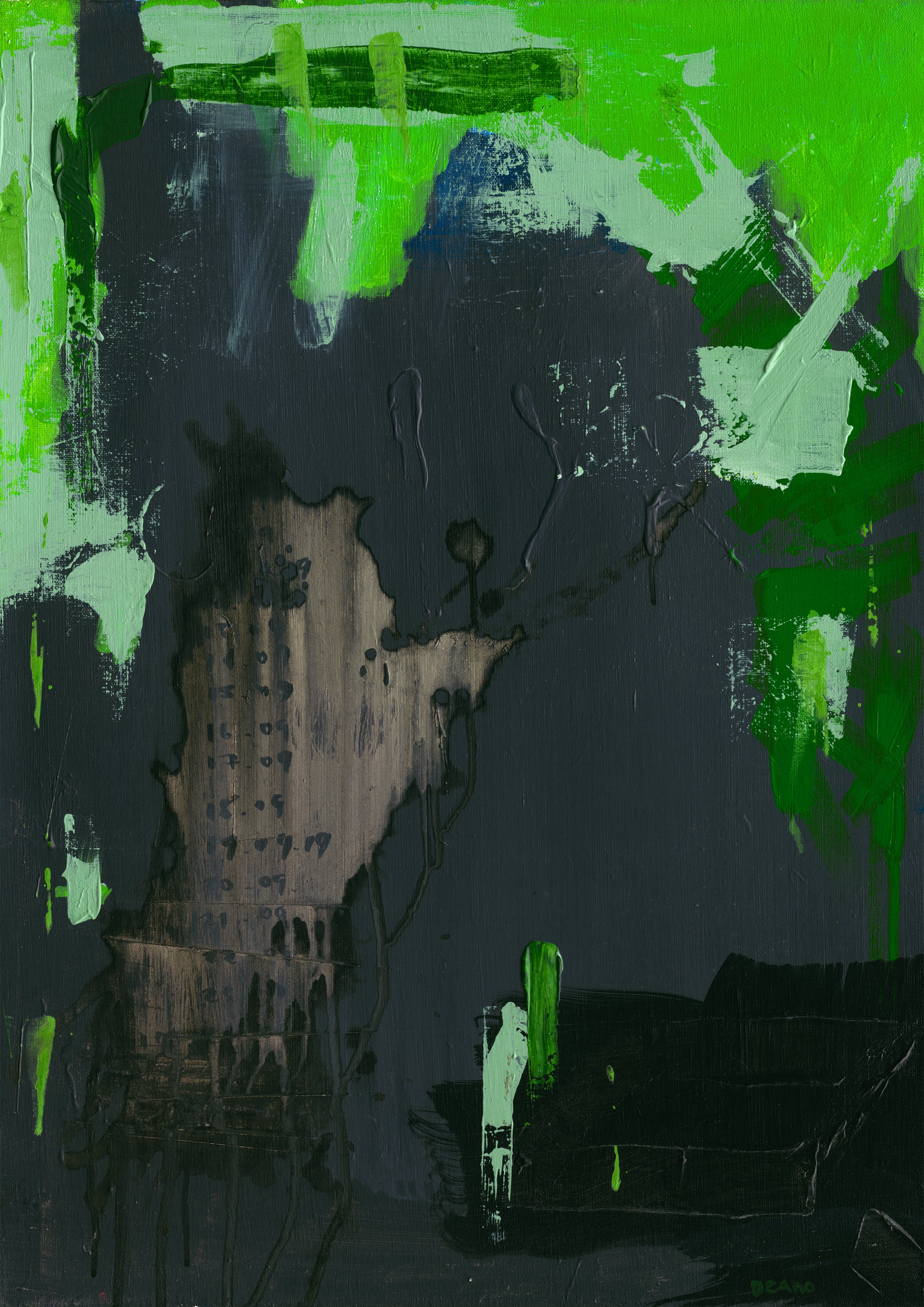 A close-up of an abstract limited edition print titled ‘Countdown’. The print features a fusion of greens and blacks, enriched by a subtle backdrop of mysterious date sequences. 