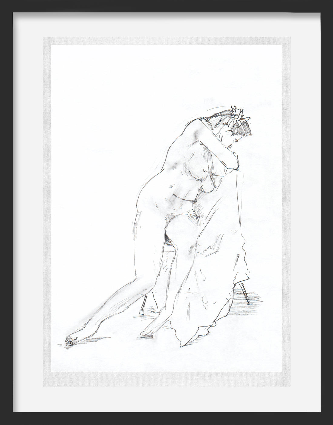 A limited edition print of a naked female figure seated on a chair, with a sheet draped over it and facing towards the right, looking over the back of the chair.