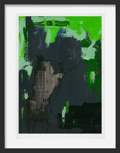 An abstract limited edition print featuring a fusion of greens and blacks, enriched by a subtle backdrop of mysterious date sequences. 