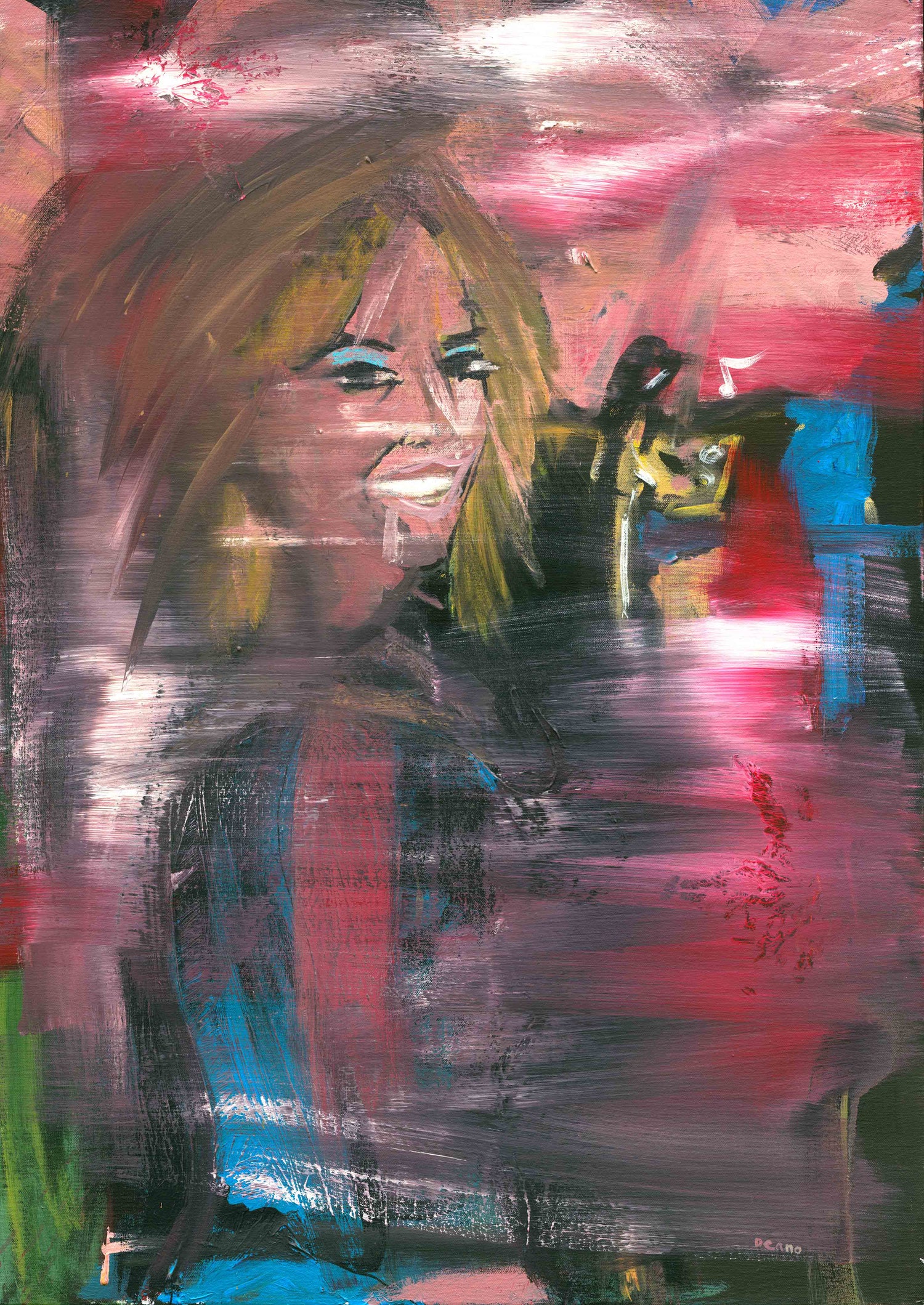 Close up of a limited edition print titled ‘DJ’. It features a smiling DJ surrounded by a vibrant and blurred club scene in bright pinks and blues.
