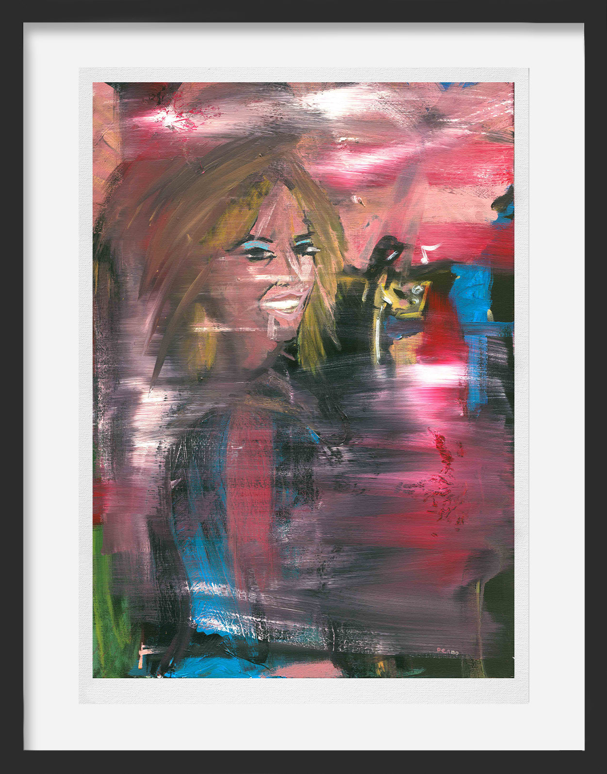 A limited edition abstract print featuring a smiling DJ surrounded by a vibrant and blurred club scene in bright pinks and blues.