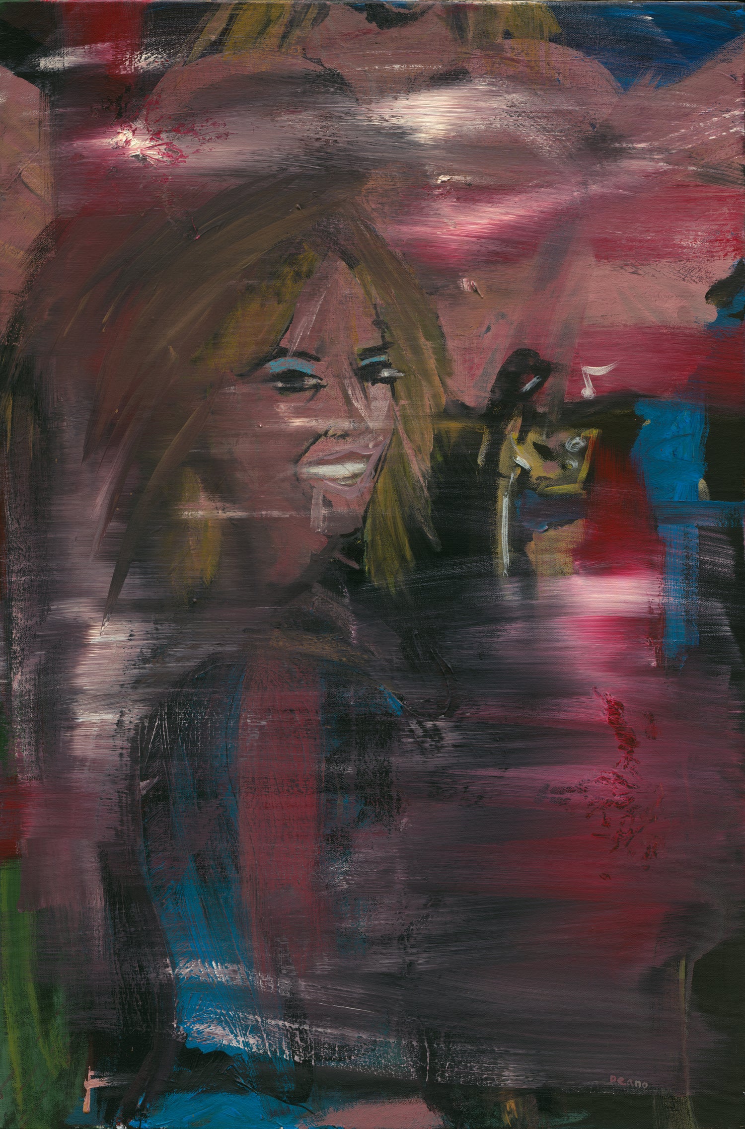 Acrylic on canvas abstract, original painting featuring a smiling DJ surrounded by a vibrant and blurred club scene in bright pinks and blues.