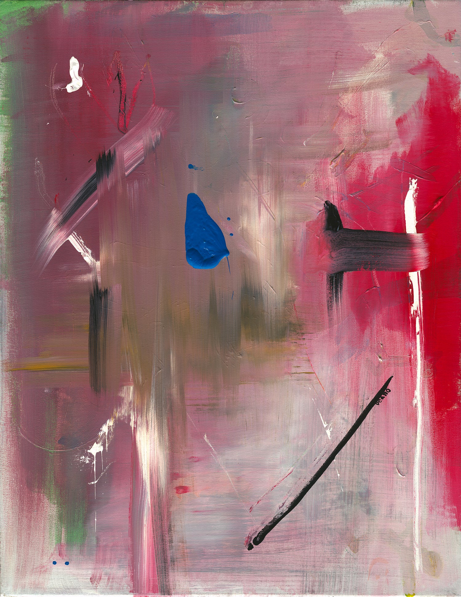 An original abstract acrylic painting on canvas featuring a dynamic composition of bold and vibrant colours. The brushstrokes are loose and energetic, creating a sense of movement and depth. The painting is dominated by bright hues of blue, green and red, with splashes of white and black adding contrast. The overall effect is one of energy and emotion, making it a striking addition to any room. Deano Hewitts - 2017