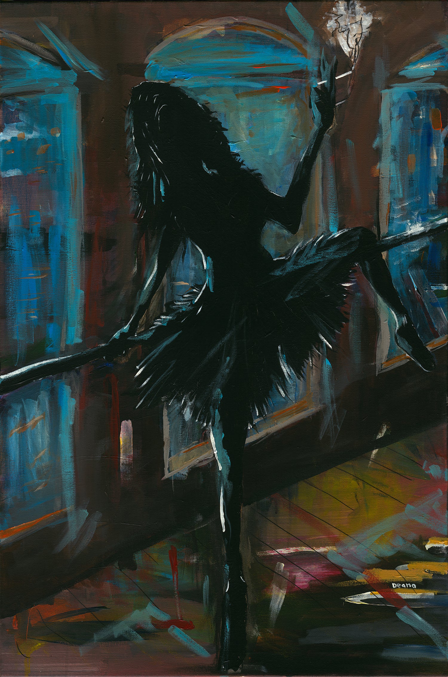 An acrylic and pastel painting of a ballerina with a dark background. She is smoking a cigarette and is dressed in a black tutu. Her body is obscured by the darkness, giving the impression of a mysterious and elegant figure. Deano Hewitts - 2016-2018