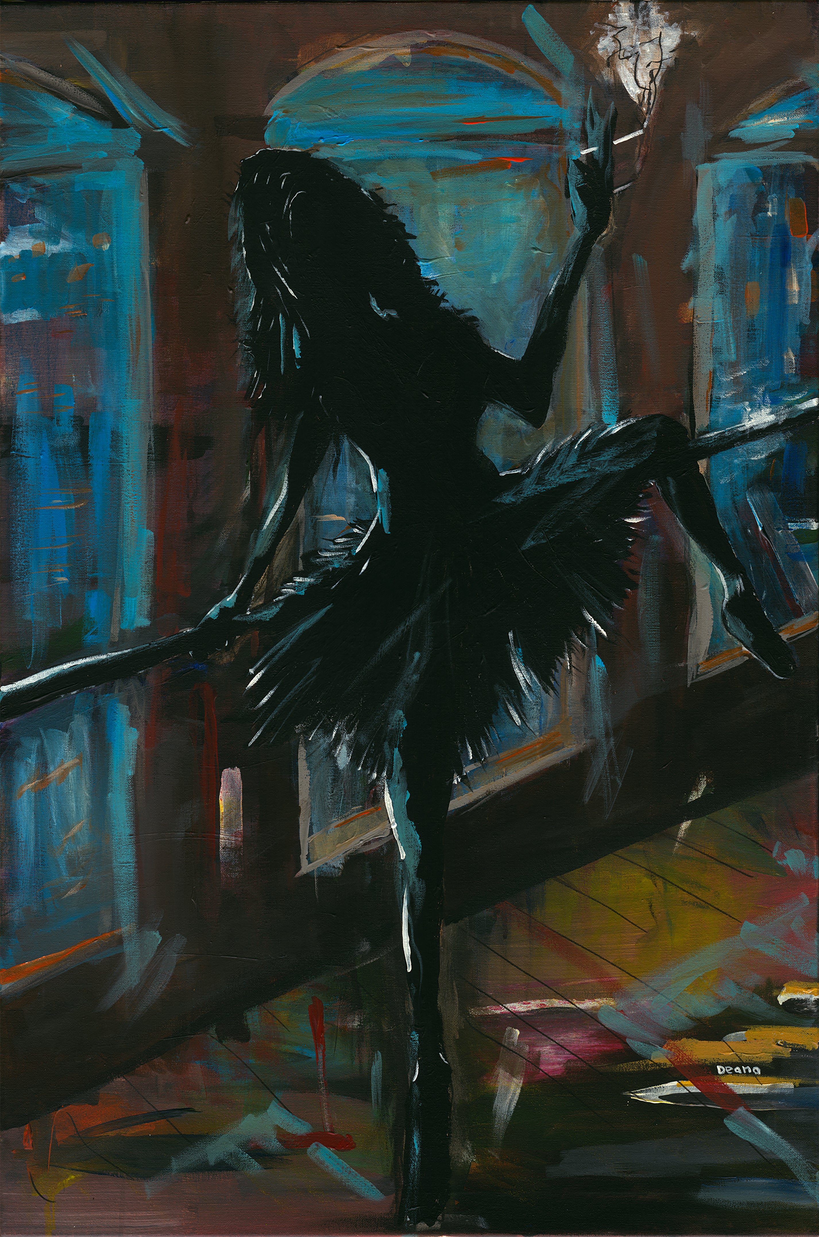 A meticulous blend of acrylic and pastel crafts the image of a ballerina set against a dark backdrop. Dressed in a black tutu and holding a cigarette, her silhouette emerges from the shadows, exuding an aura of mystery and grace. Crafted by Deano Hewitts between 2016-2018.