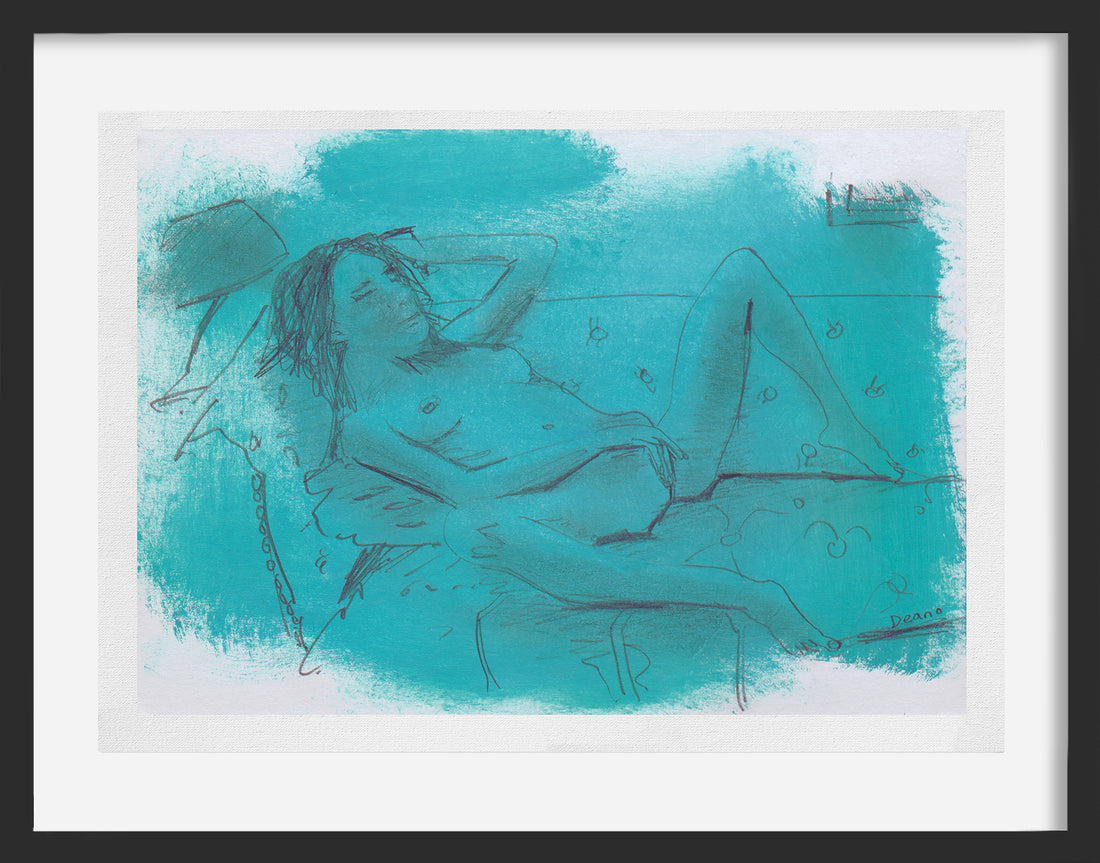 A limited edition print of a small pencil sketch lays over a dash of oil paint, depicting a naked woman pleasuring herself in blue hues.