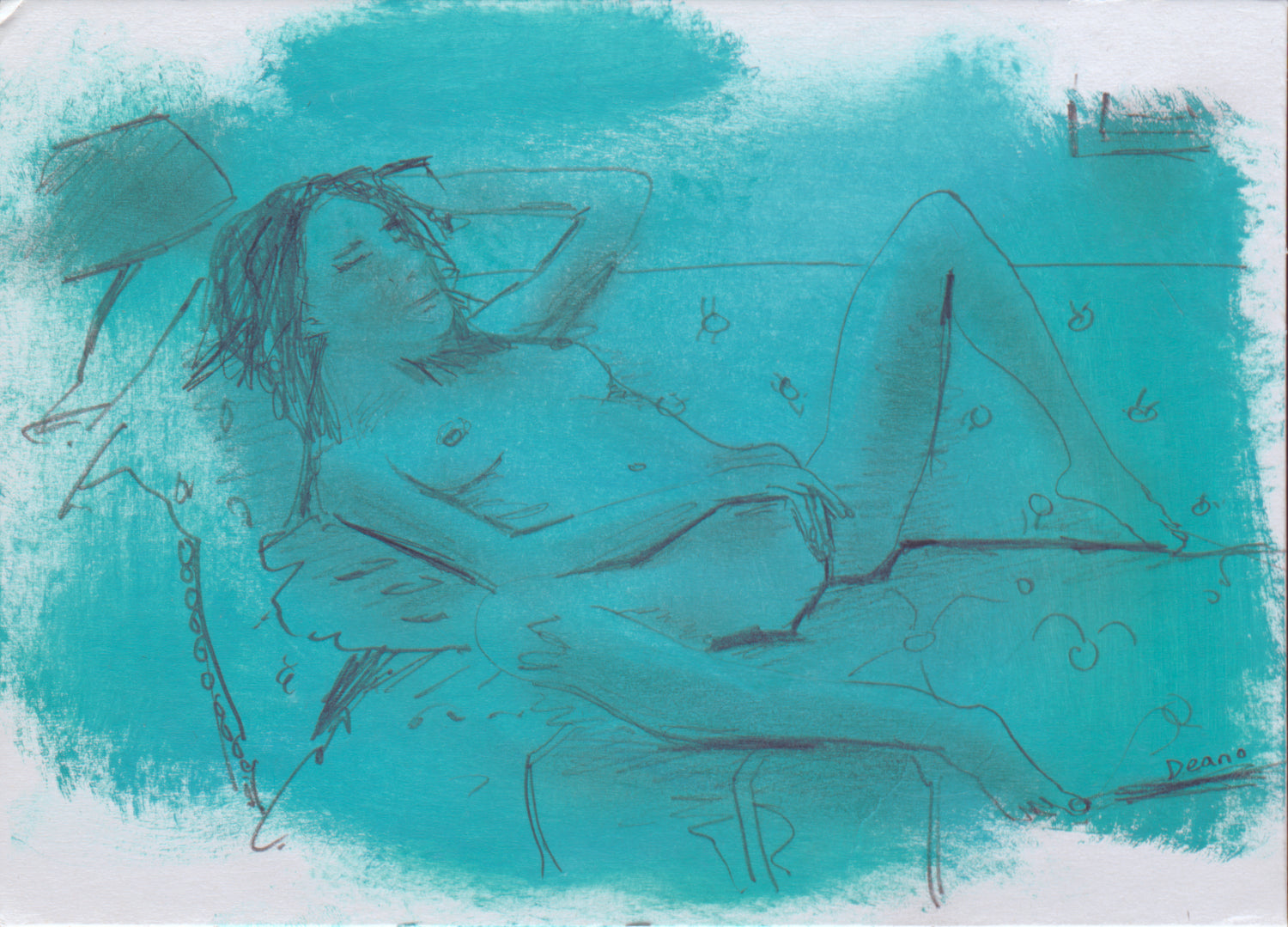 A small pencil sketch lays over a dash of oil paint, depicting a naked woman in blue hues.