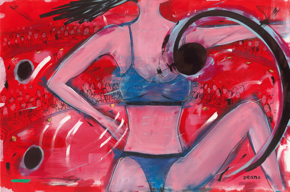  An acrylic painting of a dancer on stage in a stadium full of people. The dancer is dressed in a blue and black two-piece and is captured in a dynamic pose as they leap in front of the bright lights and an excited crowd. Deano Hewitts