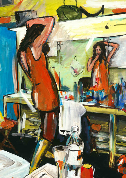 Close up of a limited-edition print depicting a woman preparing for a performance in her dressing room, surrounded by the tools of her trade.