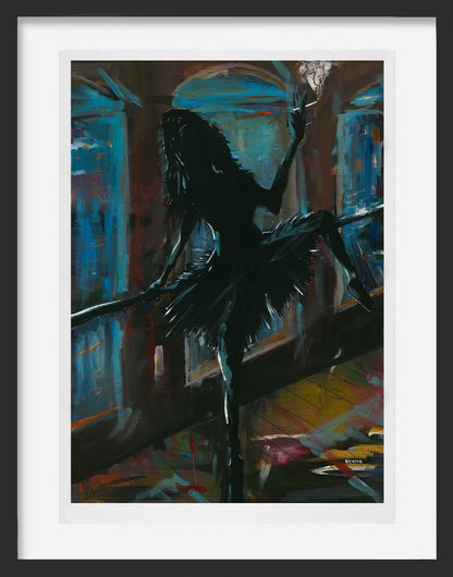 A limited-edition print of a ballerina dressed in a black tutu smoking a cigarette. Her body is obscured by the darkness, giving the impression of a mysterious and elegant figure