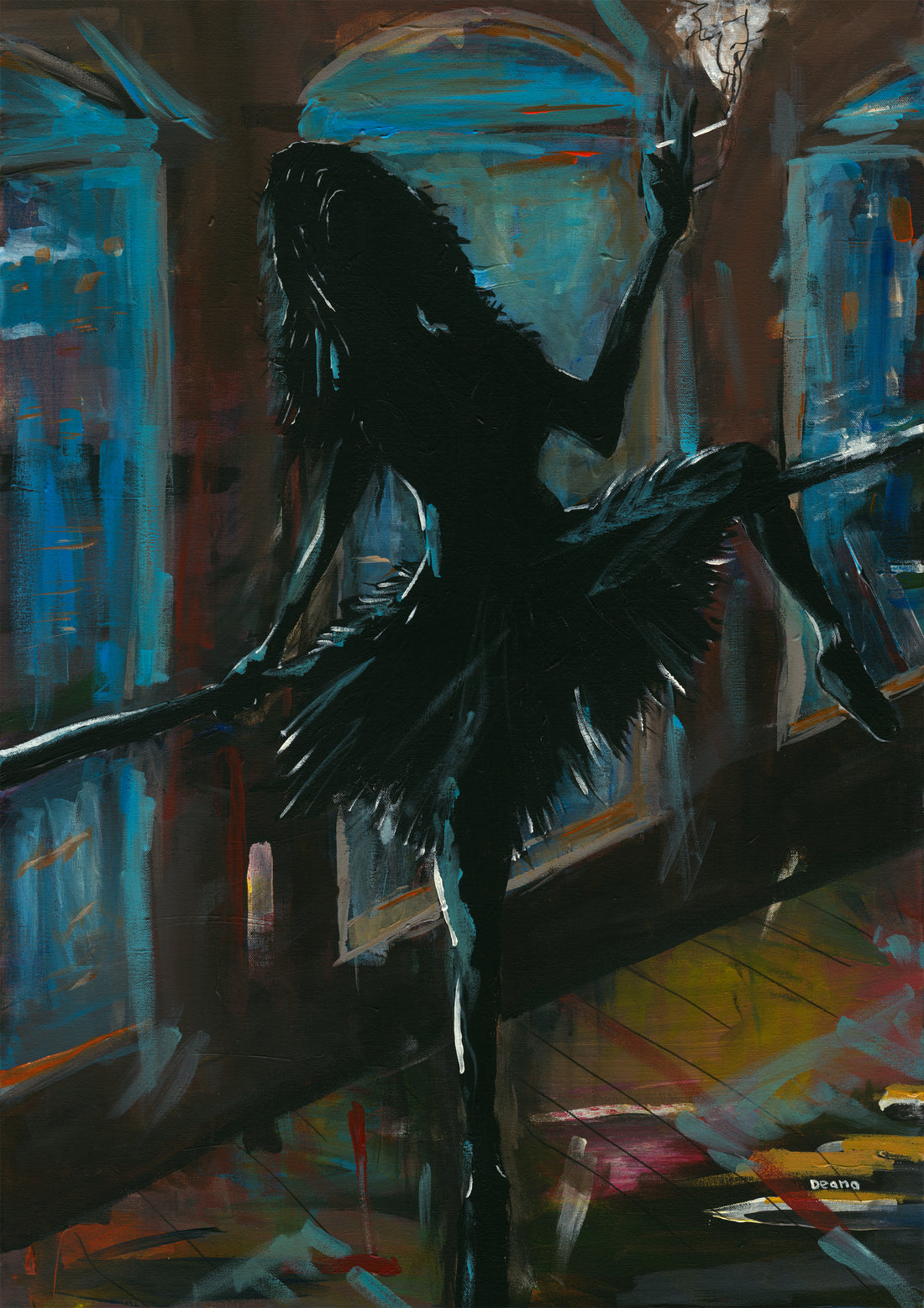 A detailed view of a limited-edition giclée print, showcasing a ballerina in a black tutu with a cigarette. The enveloping shadows obscure her form, presenting an image of enigmatic elegance.