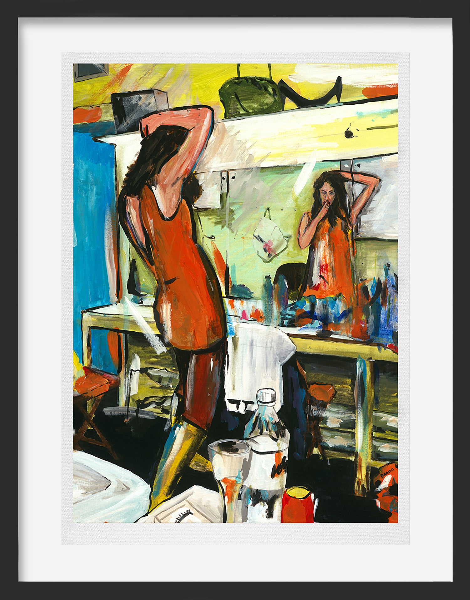 Limited-edition print depicting a woman preparing for a performance in her dressing room, surrounded by the tools of her trade.