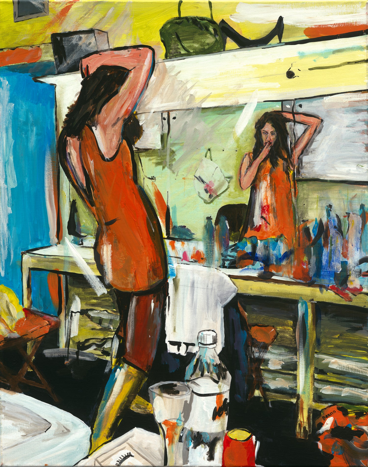 A painting depicting a woman preparing for a performance in her dressing room, surrounded by the tools of her trade.
