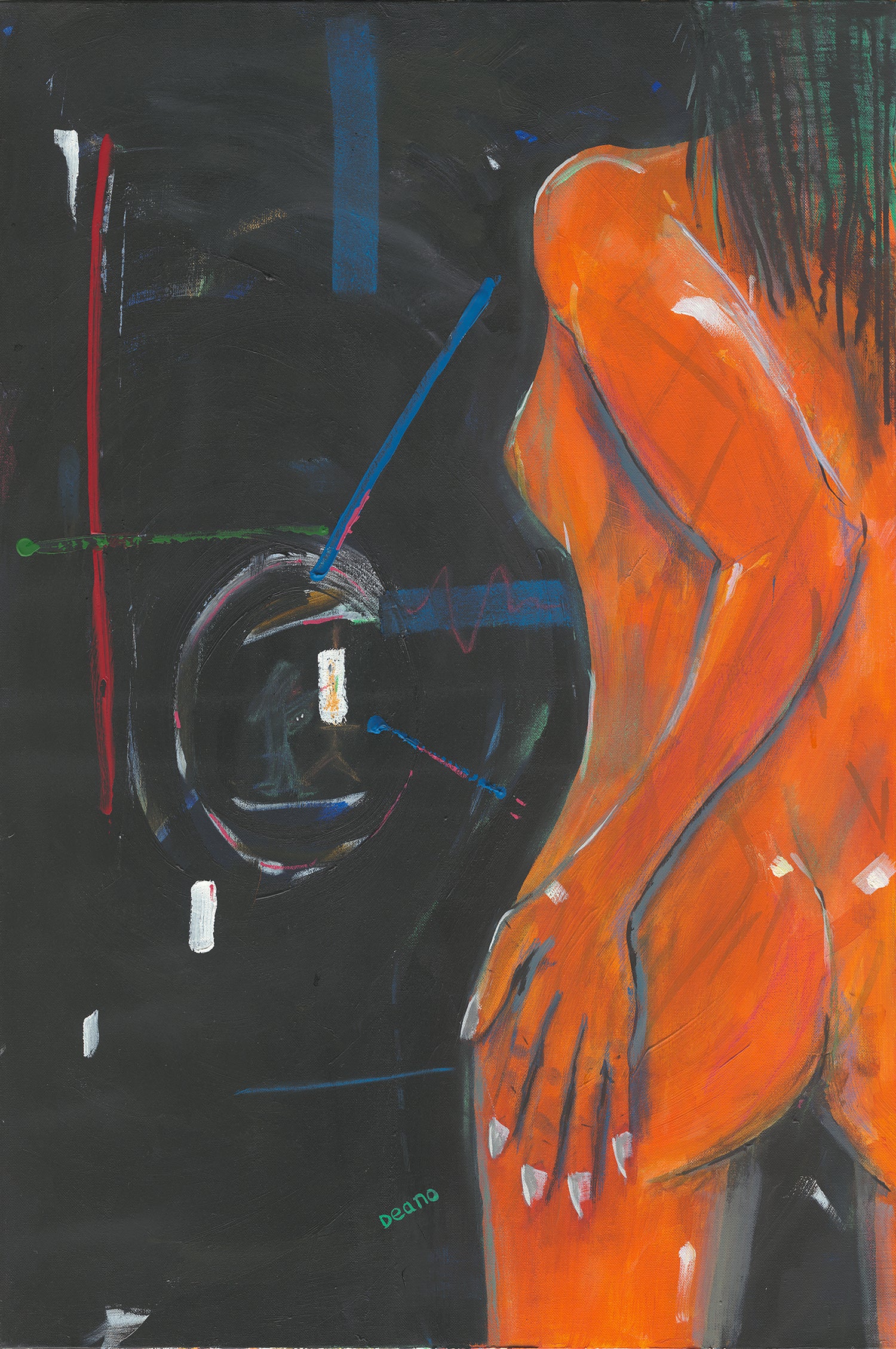 An acrylic and pastel painting on canvas of a naked woman with orange-coloured skin. She is standing with her back to the audience with her hand on her buttock, her body is depicted in a sensual and confident manner. Deano Hewitts - 2018-2021