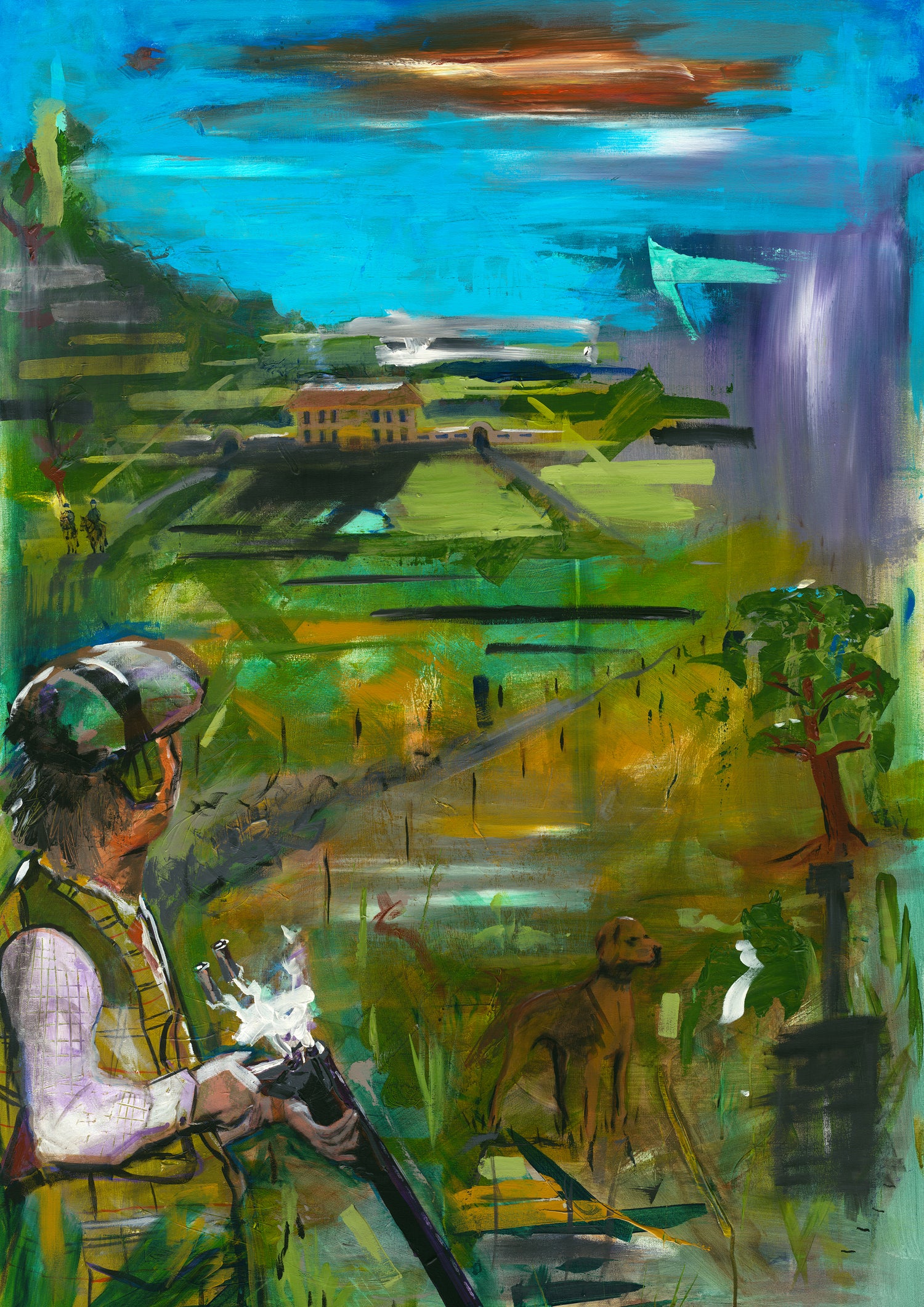 A close up of limited edition print titled ‘Countryside’. It features a rural scene of a man hunting in the countryside, holding a gun and accompanied by a dog. A house can be seen in the distance, surrounded by abstract fields and trees. 