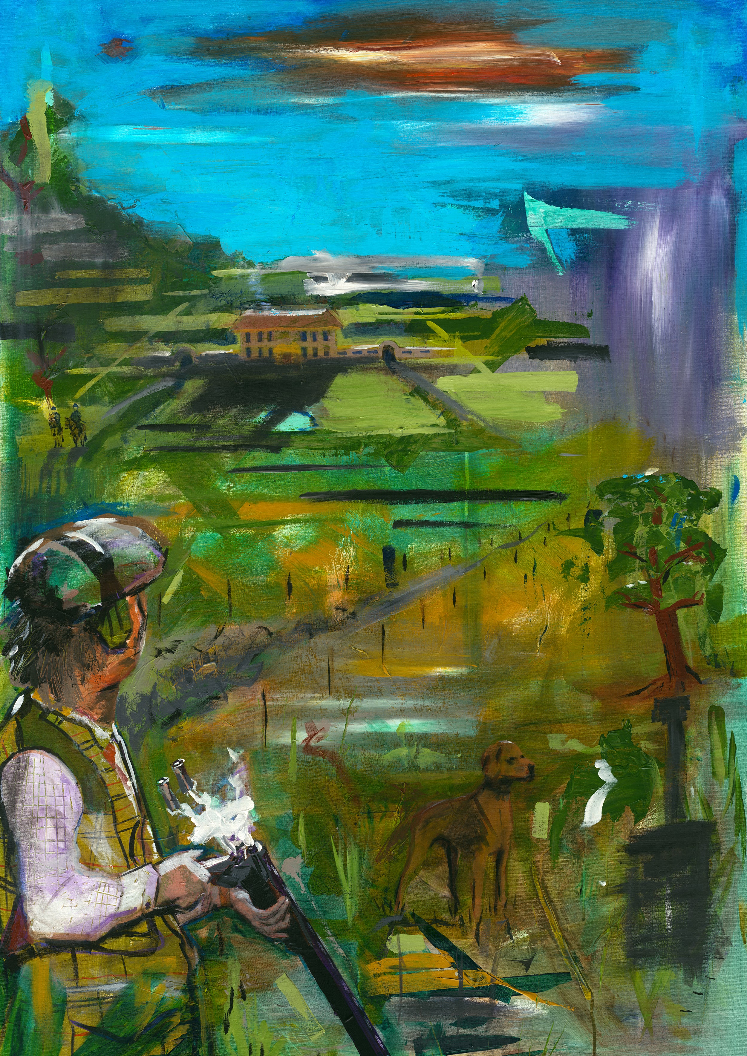 A close up of limited edition print titled ‘Countryside’. It features a rural scene of a man hunting in the countryside, holding a gun and accompanied by a dog. A house can be seen in the distance, surrounded by abstract fields and trees. 